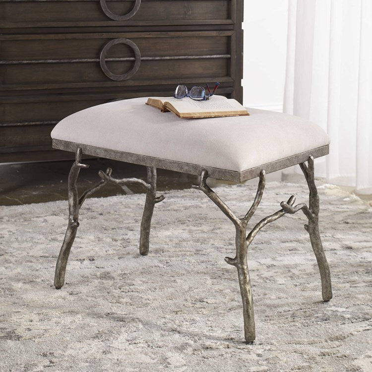 Uttermost Lismore White Fabric Cushion Seat Molded Branch Antique Silver Bench