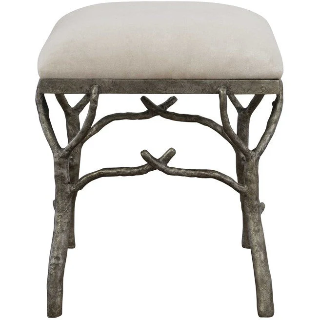 Uttermost Lismore White Fabric Cushion Seat Molded Branch Antique Silver Bench - Image 3