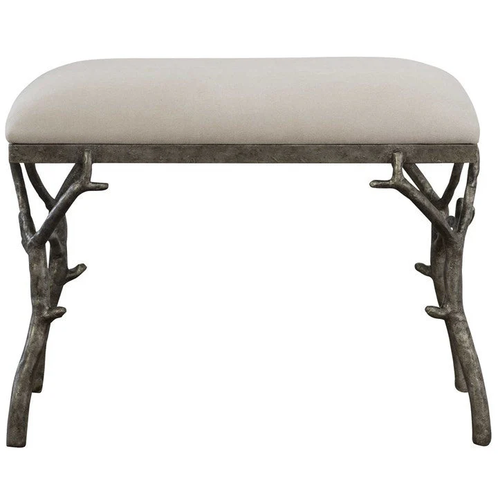 Uttermost Lismore White Fabric Cushion Seat Molded Branch Antique Silver Bench - Image 4