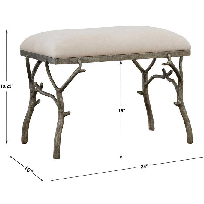 Uttermost Lismore White Fabric Cushion Seat Molded Branch Antique Silver Bench - Image 5
