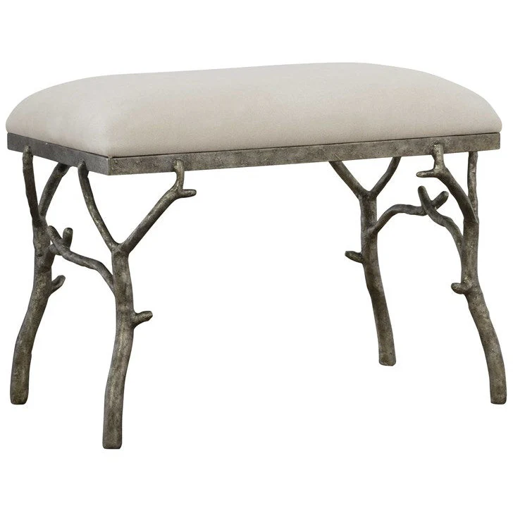 Uttermost Lismore White Fabric Cushion Seat Molded Branch Antique Silver Bench - Image 6