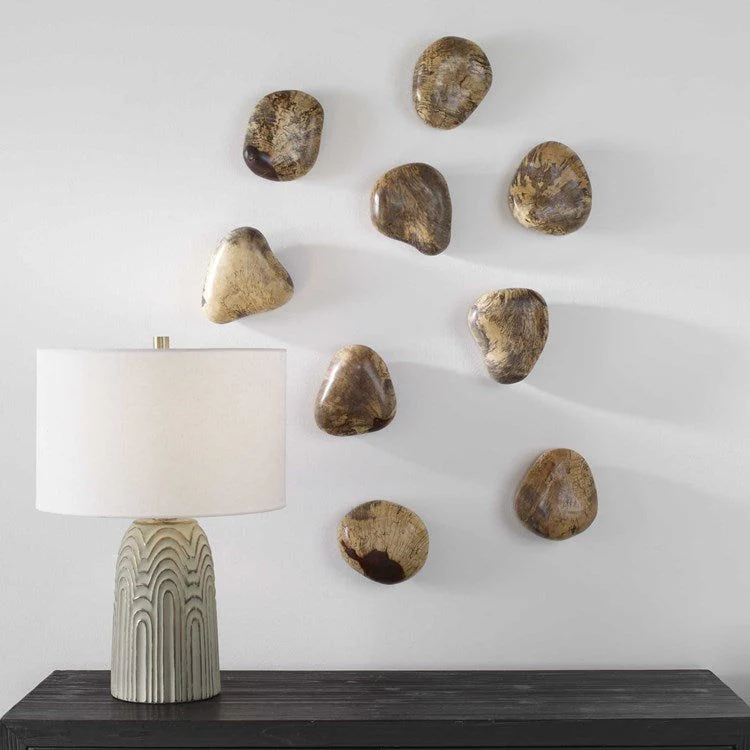 Uttermost Pebbles Set of 9 Natural Blonde Finish Spalted Tamarind Wood Wall Art Decor