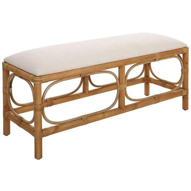 Uttermost Laguna Textured White Fabric Seat Cushion Rattan Wrapped Coastal Bench - Image 3