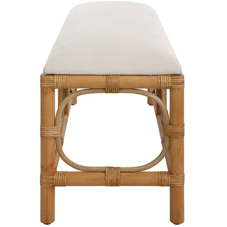 Uttermost Laguna Textured White Fabric Seat Cushion Rattan Wrapped Coastal Bench - Image 4