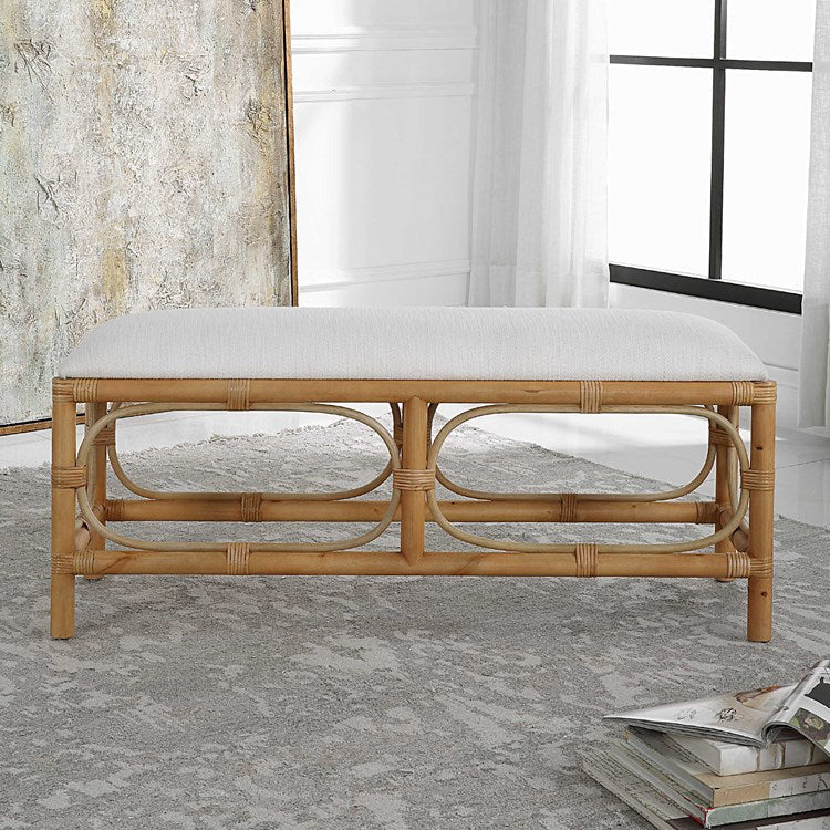 Uttermost Laguna Textured White Fabric Seat Cushion Rattan Wrapped Coastal Bench - Image 6