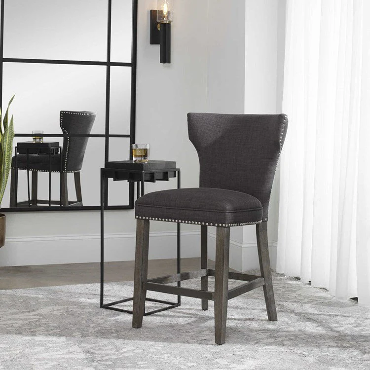 Uttermost Arnaud Charcoal Gray Linen Counter Stool With Gray Washed Wood Frame - Image 3