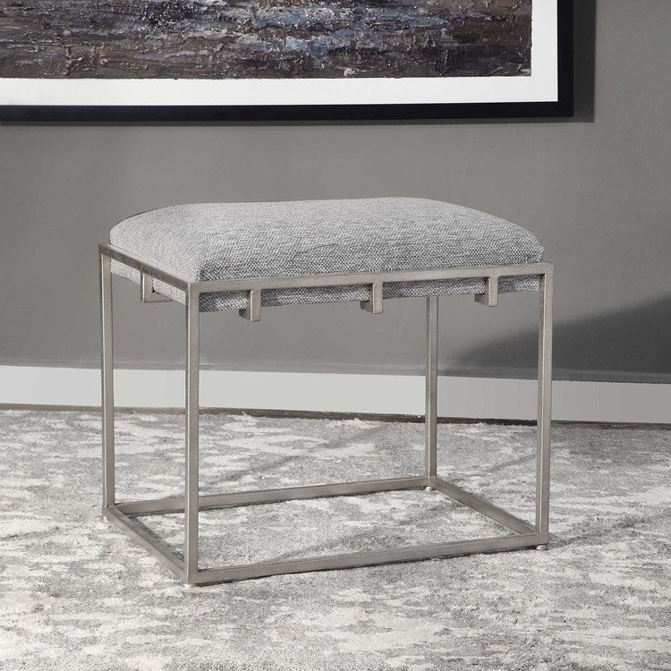 Uttermost Edie Woven Gray Fabric Seat Cushion Metallic Silver Iron Small Bench