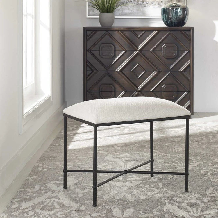 Uttermost Avenham Textured White Fabric Cushion Seat Modern Black Iron Small Bench