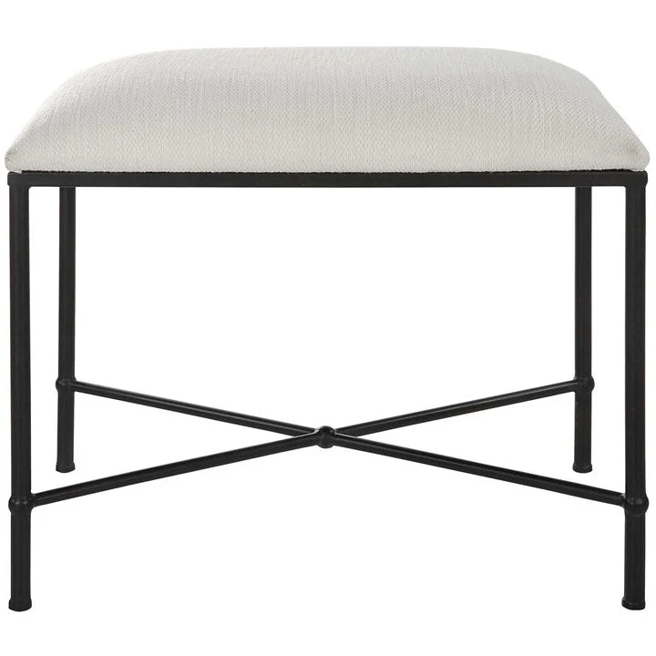 Uttermost Avenham Textured White Fabric Cushion Seat Modern Black Iron Small Bench - Image 2