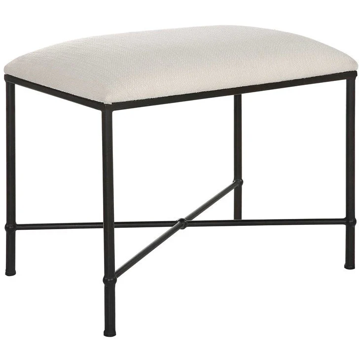 Uttermost Avenham Textured White Fabric Cushion Seat Modern Black Iron Small Bench - Image 3
