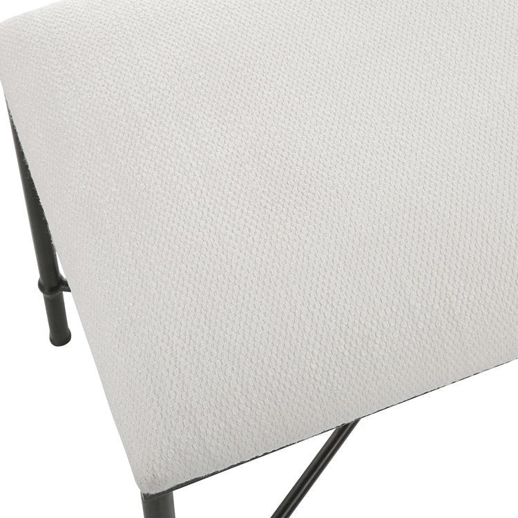 Uttermost Avenham Textured White Fabric Cushion Seat Modern Black Iron Small Bench - Image 4