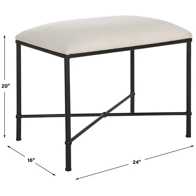 Uttermost Avenham Textured White Fabric Cushion Seat Modern Black Iron Small Bench - Image 5