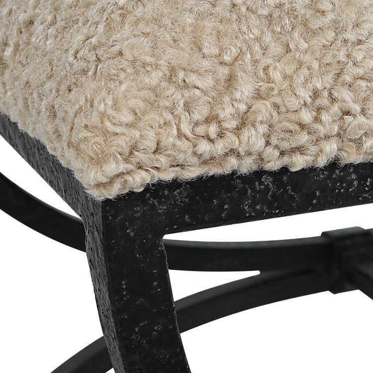 Uttermost Hacienda Latte Faux Shearling Fabric Cushion Seat Black Iron Small Bench - Image 6