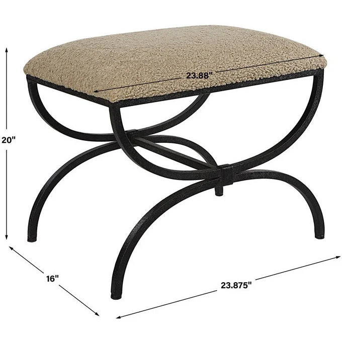 Uttermost Hacienda Latte Faux Shearling Fabric Cushion Seat Black Iron Small Bench - Image 7