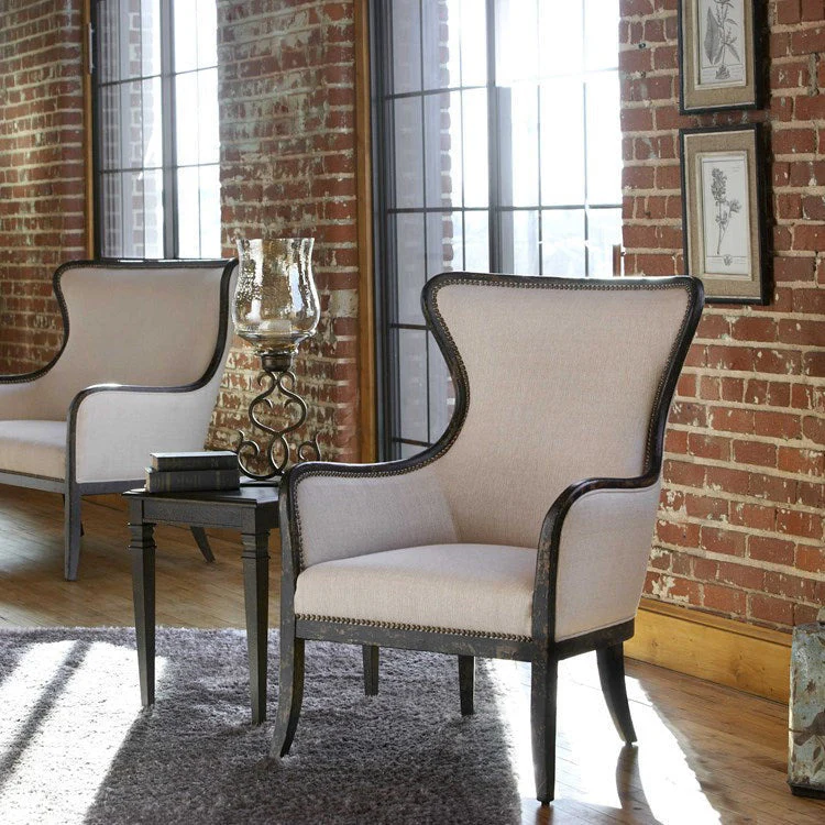 Uttermost Sandy Shimmery Sand Fabric Wing Back Armchair With Weathered Black Wood Frame - Image 4