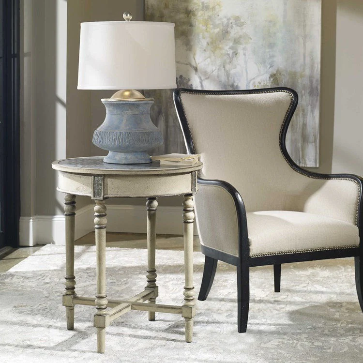 Uttermost Sandy Shimmery Sand Fabric Wing Back Armchair With Weathered Black Wood Frame - Image 6