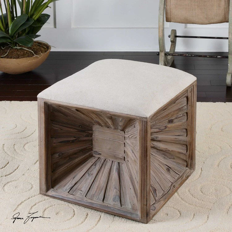 Uttermost Jia Tan Linen Seat Cushion Weathered Fir Wood Ottoman - Image 3
