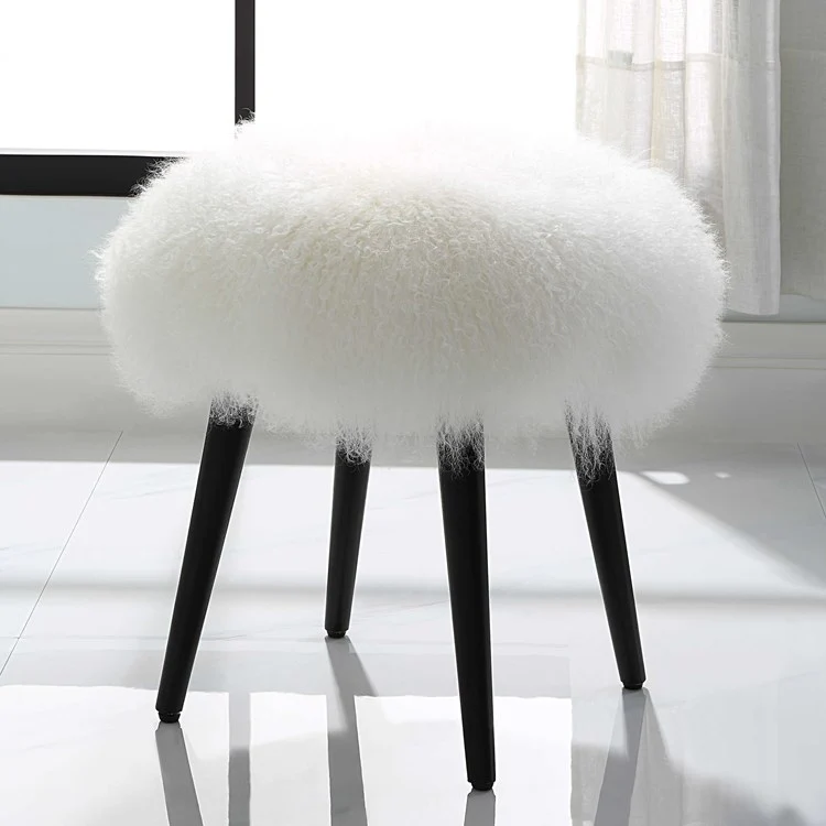 Uttermost Woolly Accent Stool White Sheepskin With Matte Black Legs