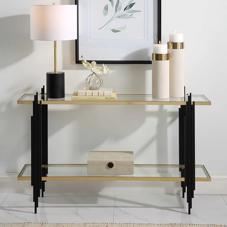 Uttermost Empire Gold Leaf Glass Shelves with Matte Black Iron Contemporary Console Table
