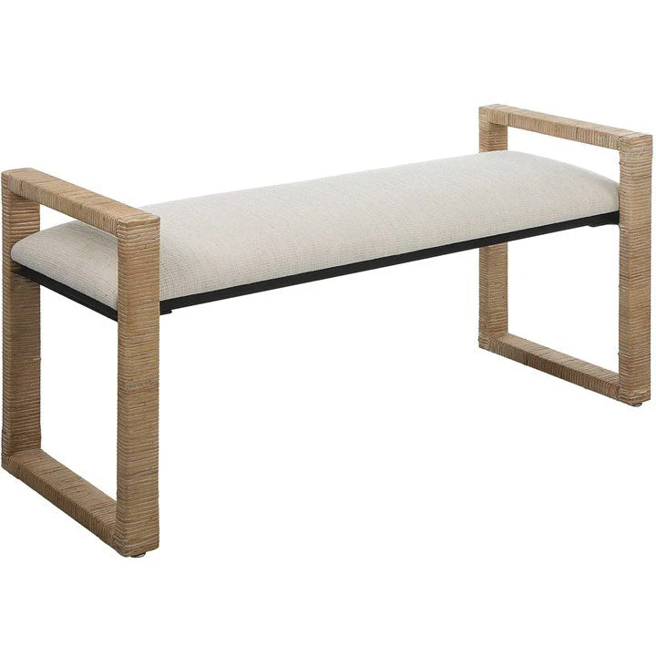 Uttermost Areca Textured Oatmeal Performance Fabric Upholstered Seat Natural Rattan Bench - Image 4