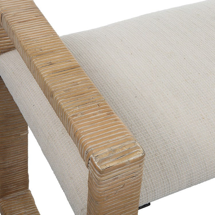 Uttermost Areca Textured Oatmeal Performance Fabric Upholstered Seat Natural Rattan Bench - Image 6