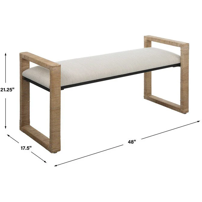 Uttermost Areca Textured Oatmeal Performance Fabric Upholstered Seat Natural Rattan Bench - Image 7