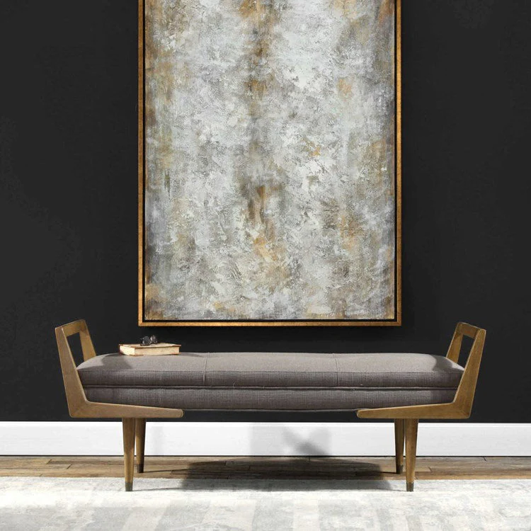 Uttermost Waylon Taupe Gray Fabric Cushion Modern Birch Wood Bench