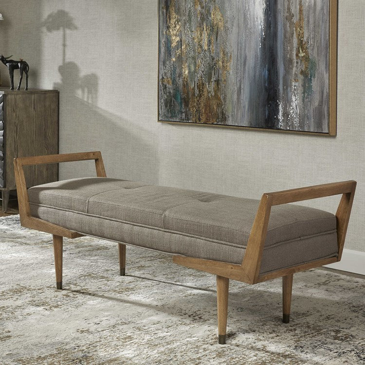 Uttermost Waylon Taupe Gray Fabric Cushion Modern Birch Wood Bench - Image 2