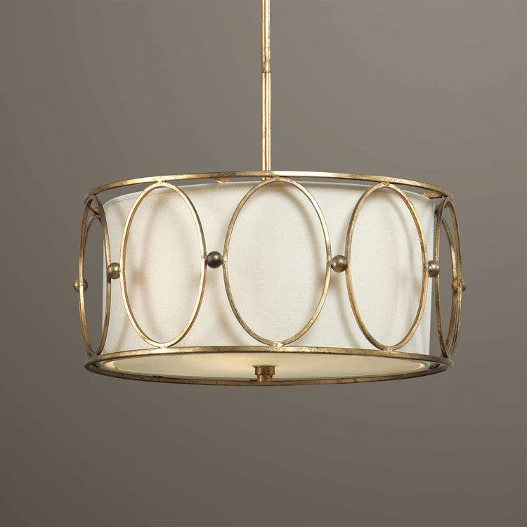 Uttermost Ovala Beige Linen Oval Shade With Antiqued Gold Leaf Finish 3 Light Pendant