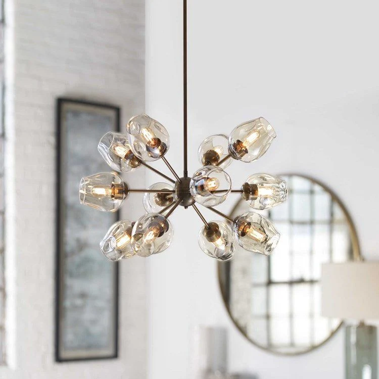 Uttermost Chet Amber Dimpled Glass Shades with Antique Brass Finish 12 Light Chandelier