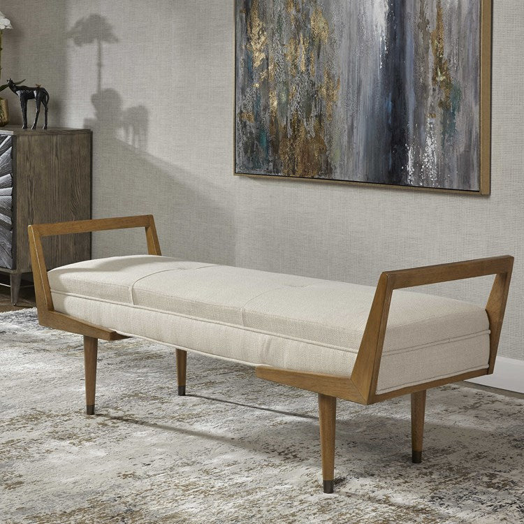 Uttermost Waylon Tufted Ivory Fabric Seat Cushion Modern Birch Wood Bench - Image 3