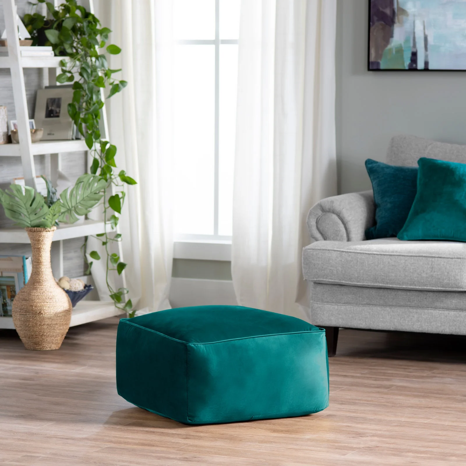 Crestview Collection Cerra Jade Green Velvet Square Foot Stool Pouf