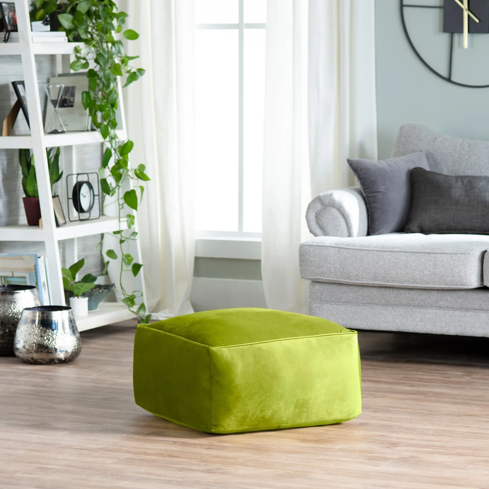 Crestview Collection Cerra Lime Green Velvet Square Foot Stool Pouf