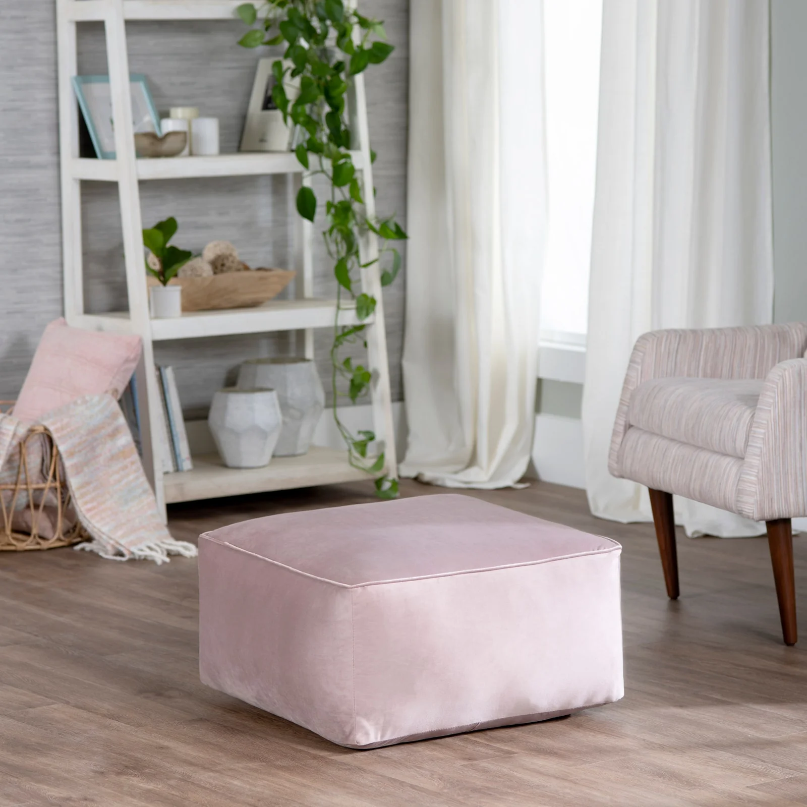 Crestview Collection Cerra Pink Velvet Square Foot Stool Pouf
