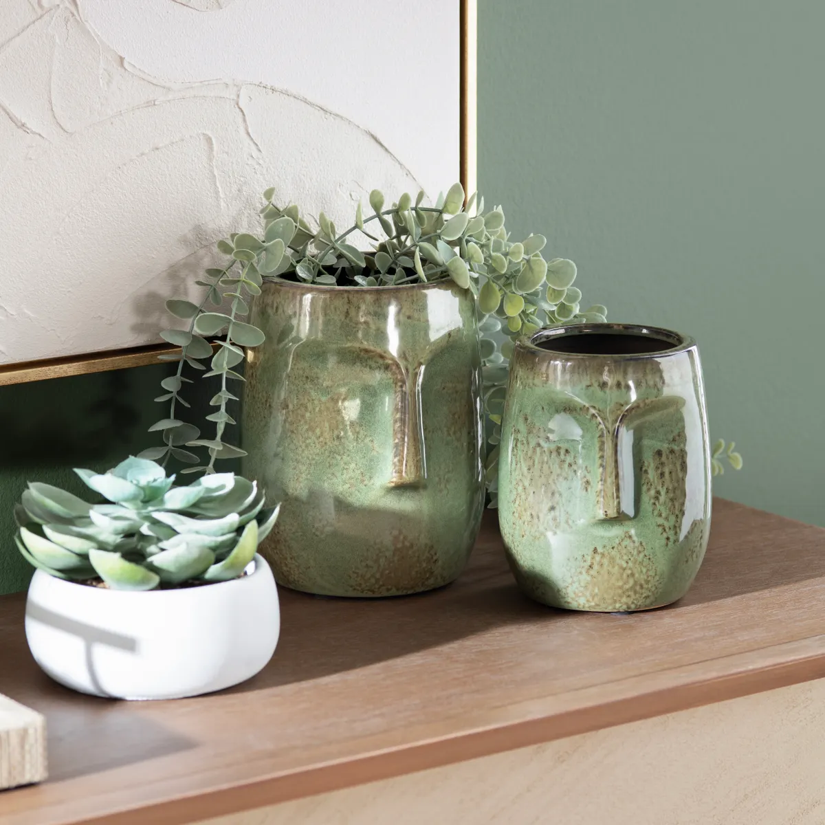 Crestview Collection Facetime Green Ceramic Vases ~ Set Of 2