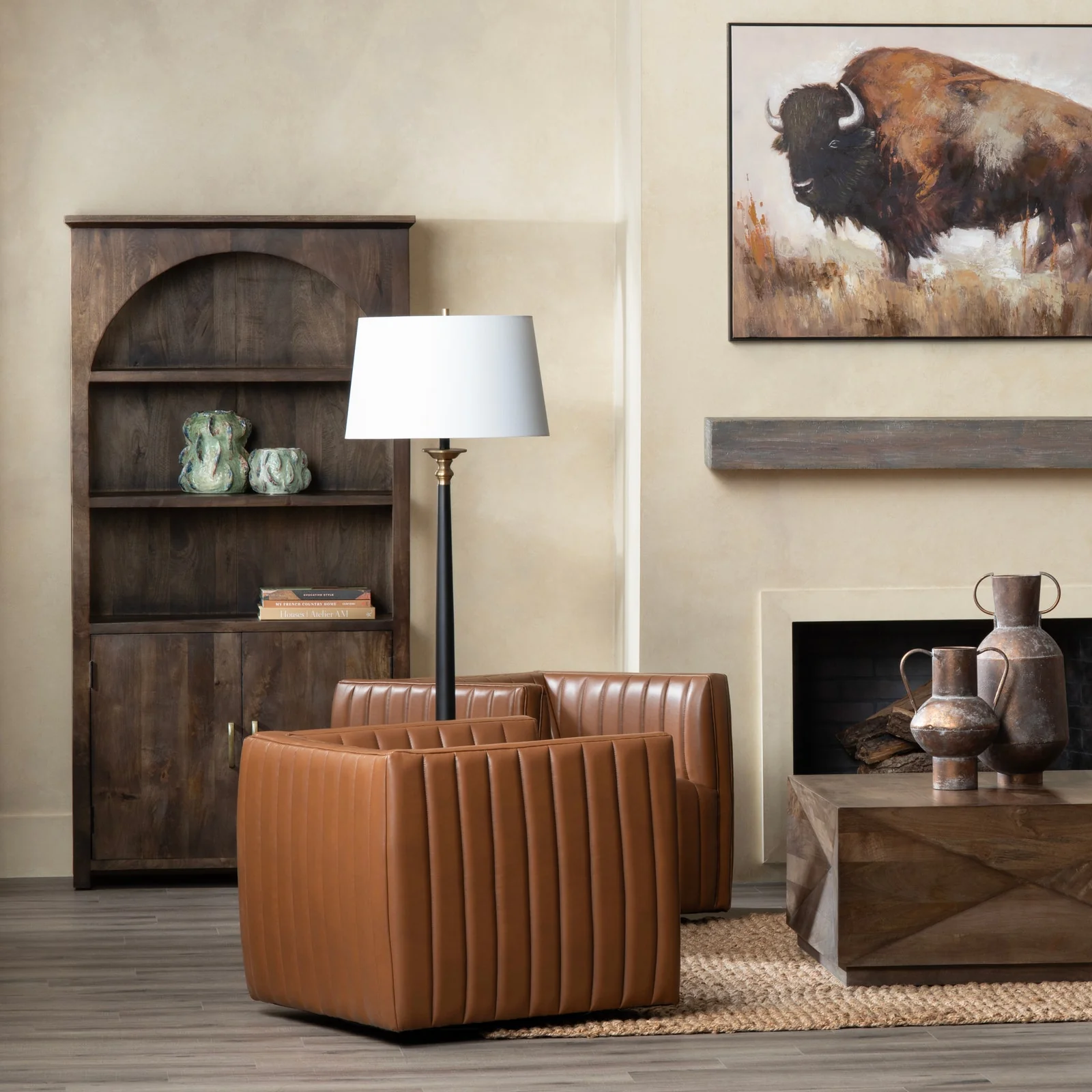 Crestview Collection Huxley Cognac Faux Leather Channeled Accent Chair - Image 2