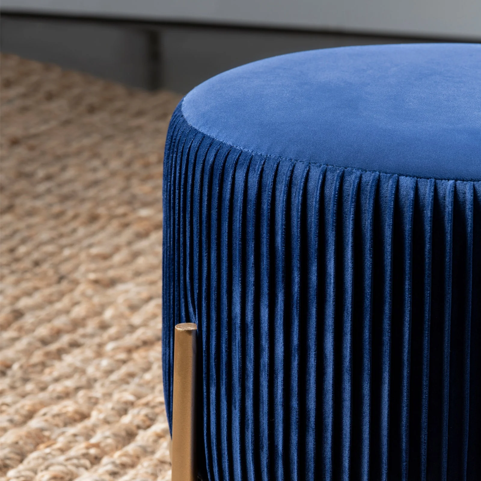 Crestview Collection Marley Round Navy Blue Velvet Foot Stool Ottoman - Image 2