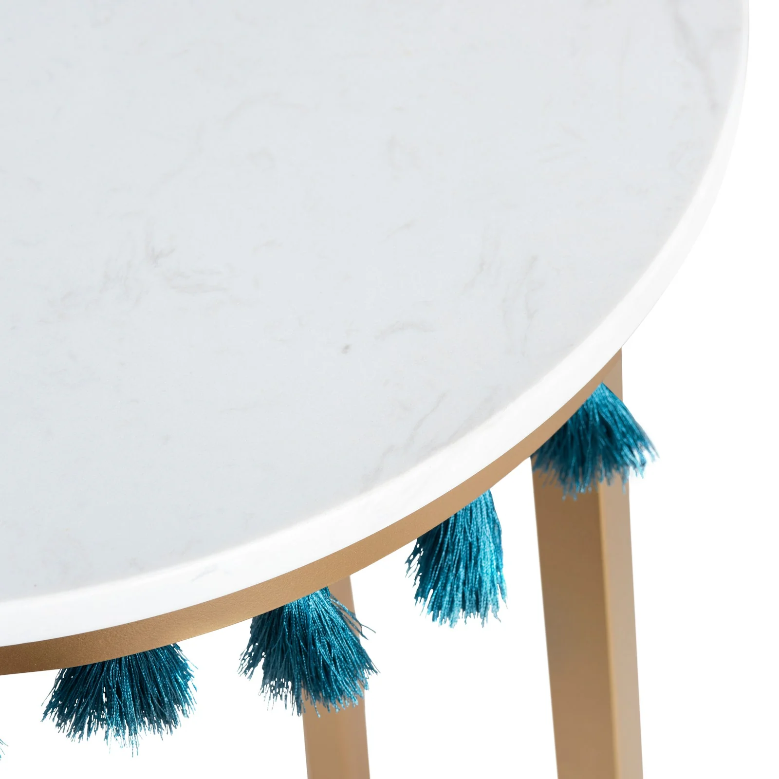 Crestview Collection Saffron Round Marble Accent Table With Teal Blue Tassels - Image 3