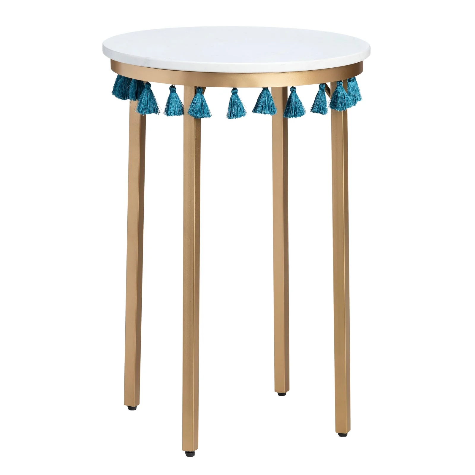 Crestview Collection Saffron Round Marble Accent Table With Teal Blue Tassels - Image 4