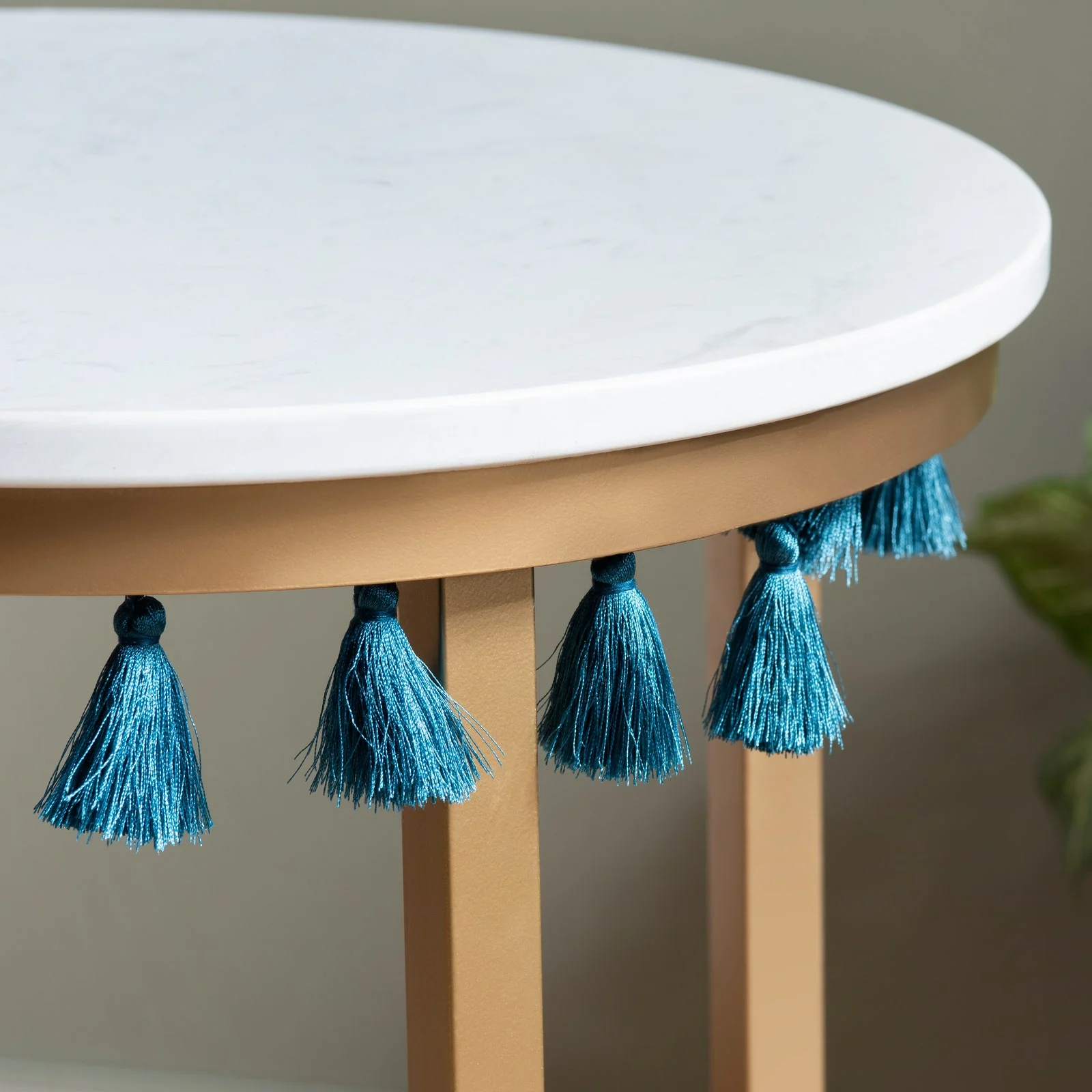 Crestview Collection Saffron Round Marble Accent Table With Teal Blue Tassels - Image 5