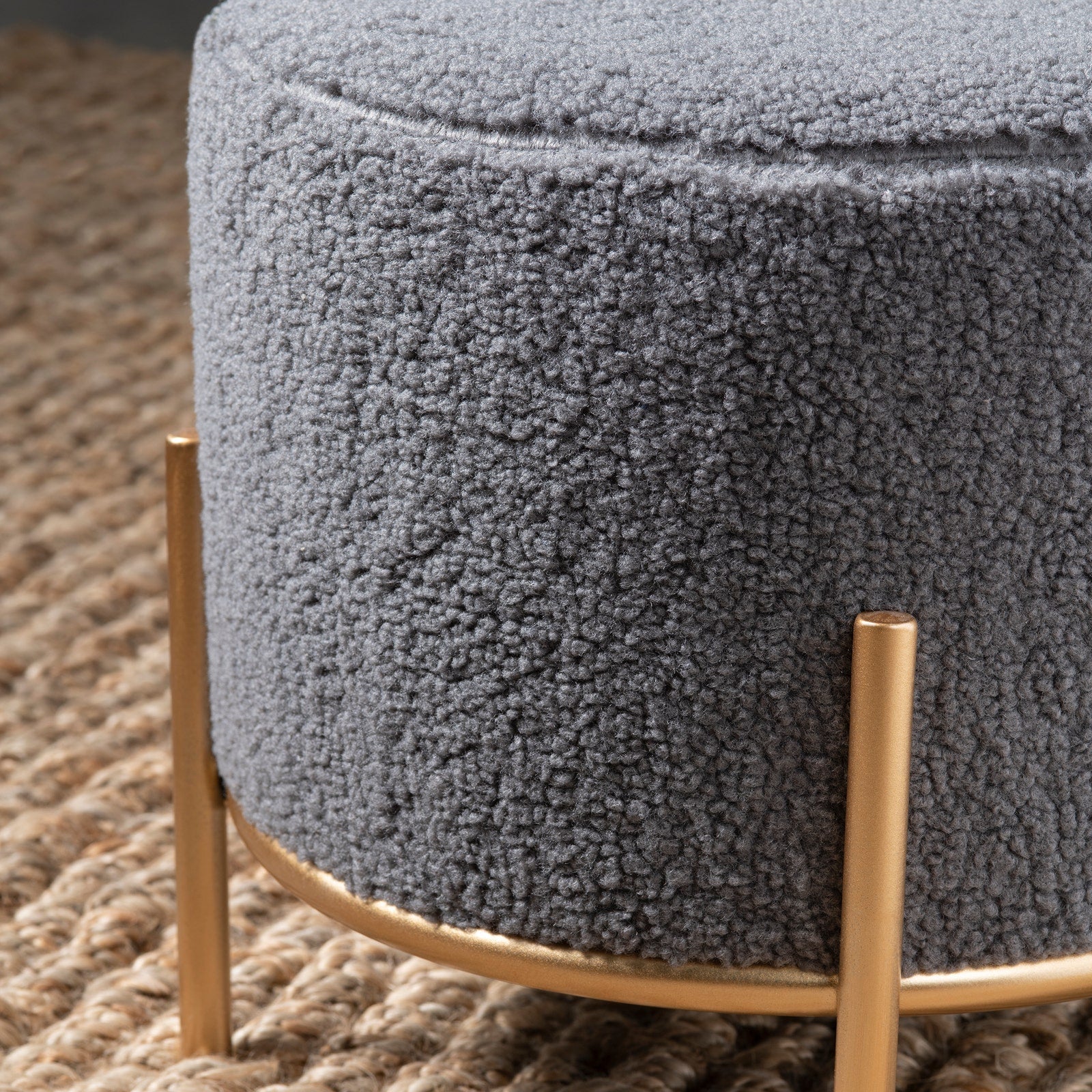 Crestview Collection Zanella Round Grey Sherpa Foot Stool Ottoman - Image 2