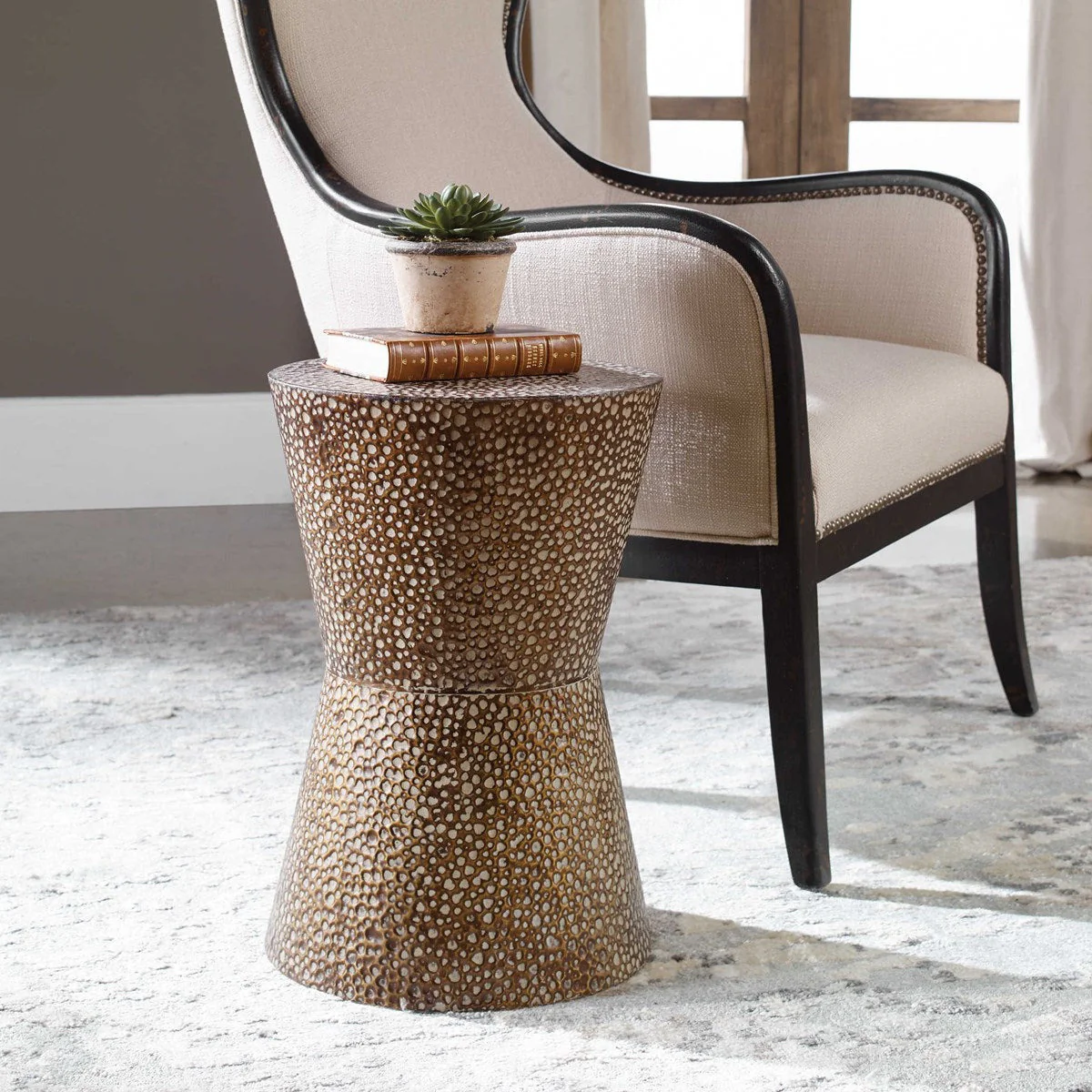Uttermost Cutler Antiqued Copper Bronze Hammered Metal Accent Table