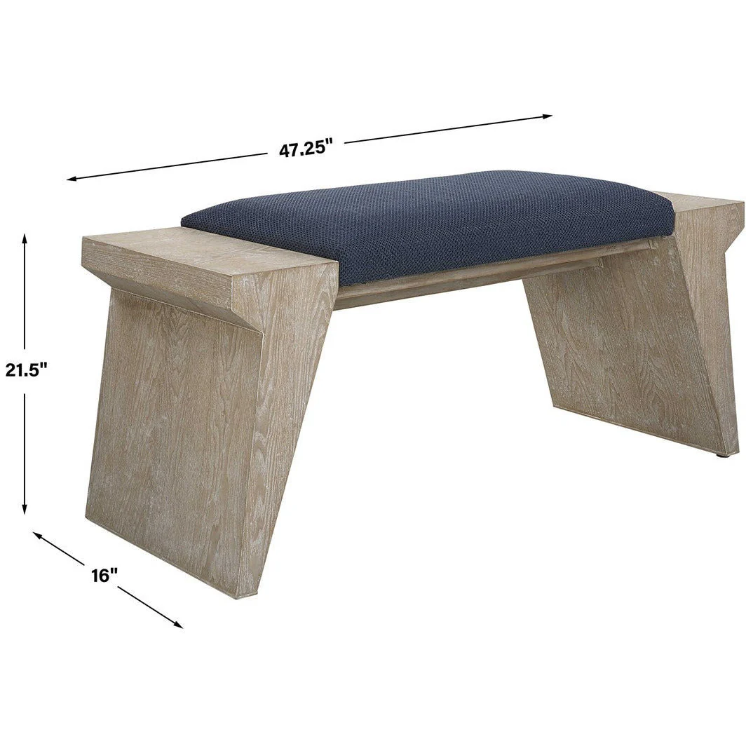 Uttermost Davenport Navy Blue Cushion Top With Fir Wood Modern Coastal Bench - Image 6