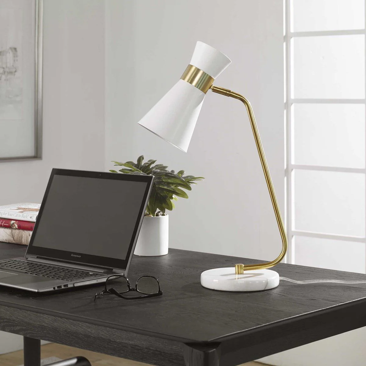 Casa Bella Living White Metal Cone Shade with Gold and White Marble Base Modern Desk Lamp - Image 3