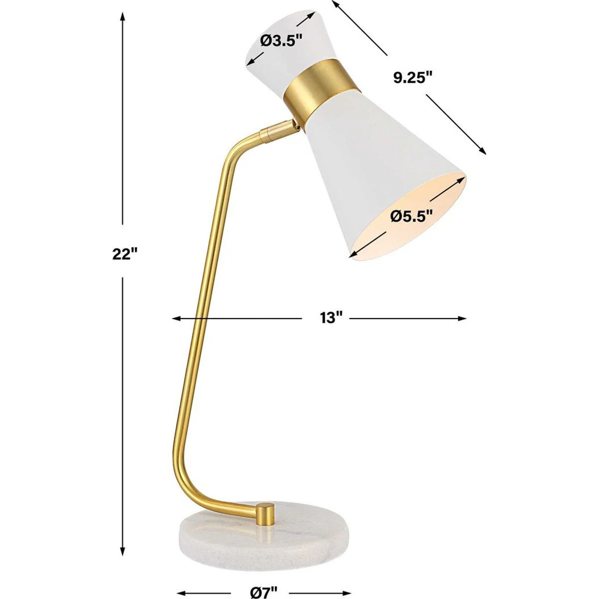 Casa Bella Living White Metal Cone Shade with Gold and White Marble Base Modern Desk Lamp - Image 9