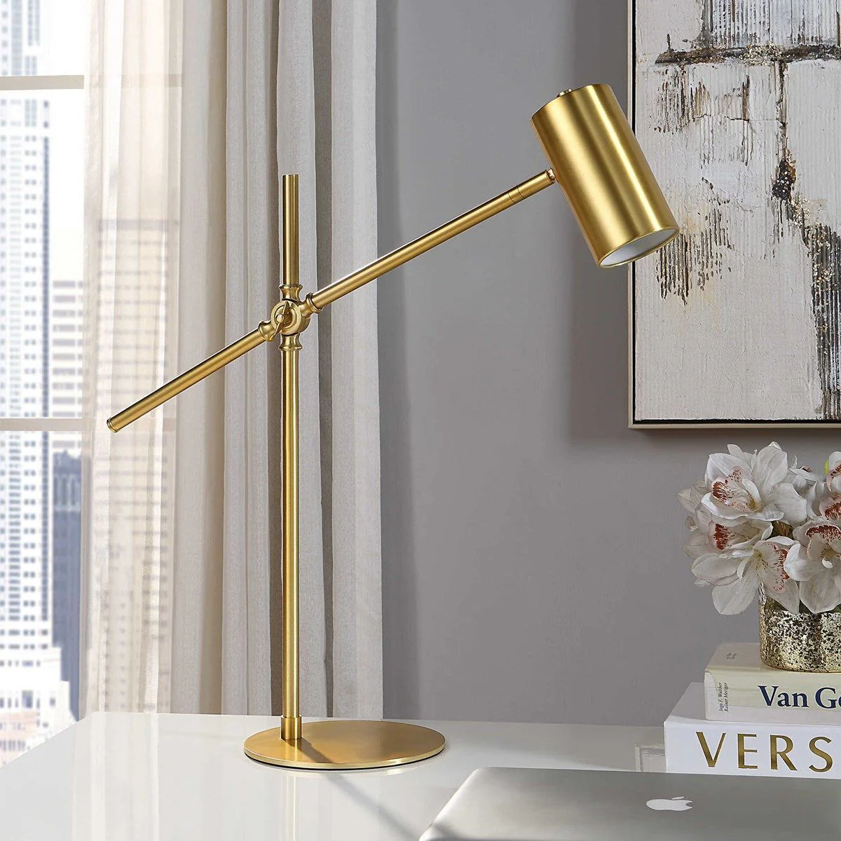 Casa Bella Living Gold Cylinder Metal Shade With Brushed Gold Base Adjustable Modern Desk Lamp - Image 3