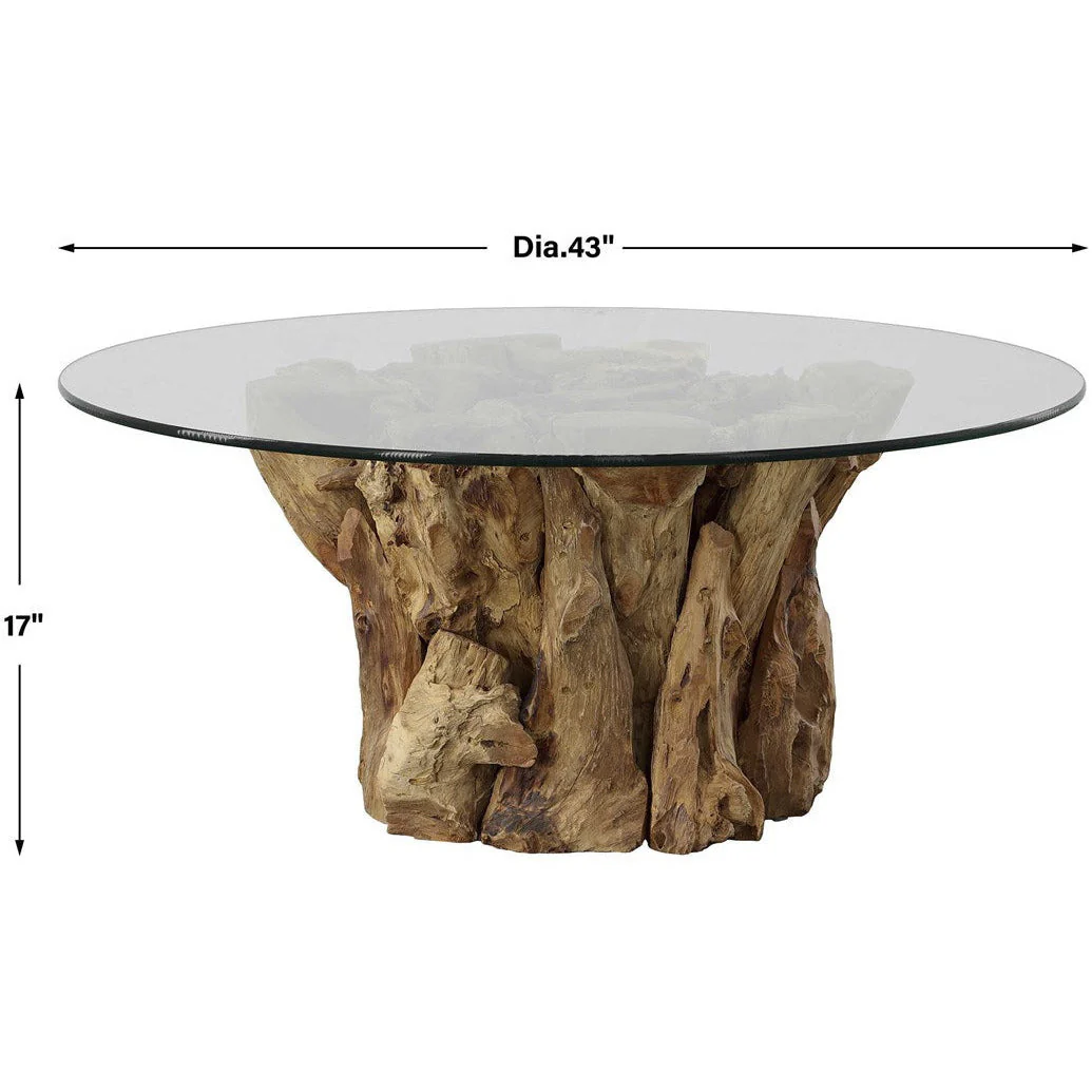 Uttermost Driftwood Glass Top With Pieced Teak Wood Rustic Modern Round Coffee Table - Image 4