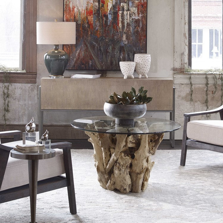 Uttermost Driftwood Glass Top With Pieced Teak Wood Rustic Modern Round Coffee Table - Image 3