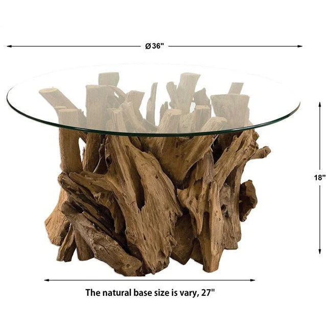 Uttermost Driftwood Glass Top With Pieced Teak Wood Rustic Modern Round Coffee Table - Image 4