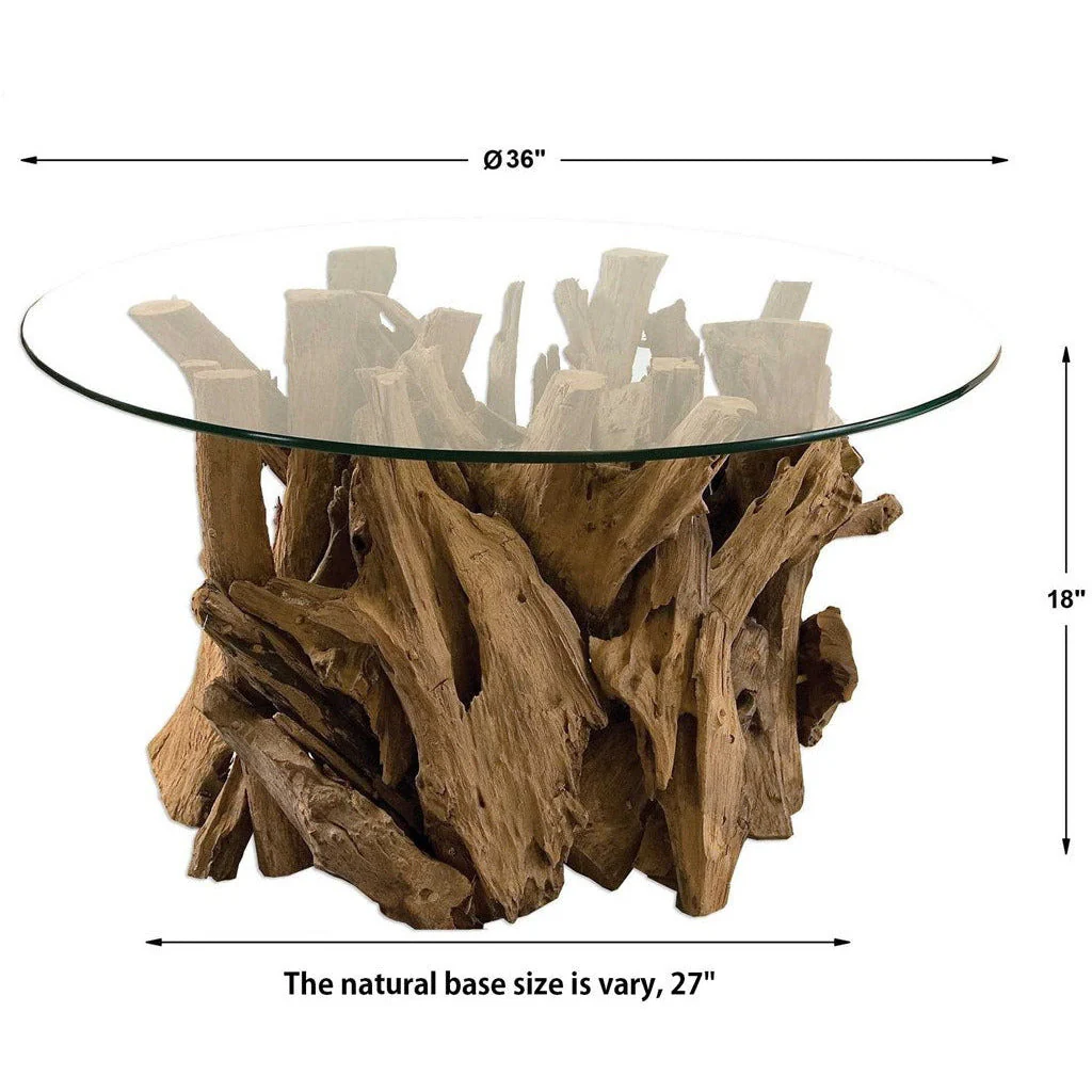 Uttermost Driftwood Glass Top With Pieced Teak Wood Rustic Modern Round Coffee Table - Image 5